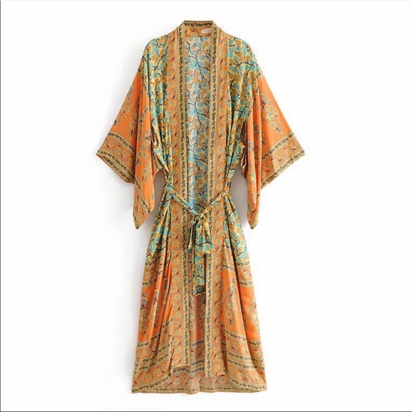 Boho Kimono Floral Gypsy Print Maxi CoverUp Orange - Picture 4 of 7